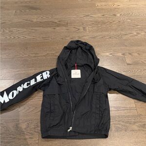 Moncler kids- Black Hooded Windbreaker Jacket with Logo Sleeve- Size 8